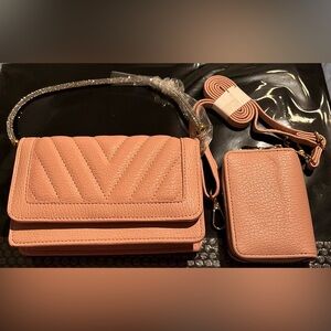 NWT 100% Vegan Leather Blush Women's Bling Hand Strap, Crossbody Strap & Wallet